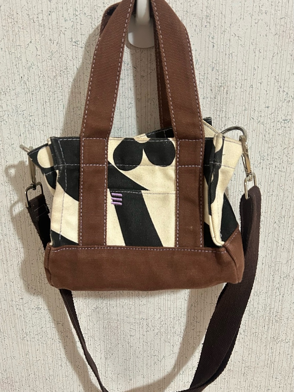 Mini Tote with Brown Straps and Black Graphic Print